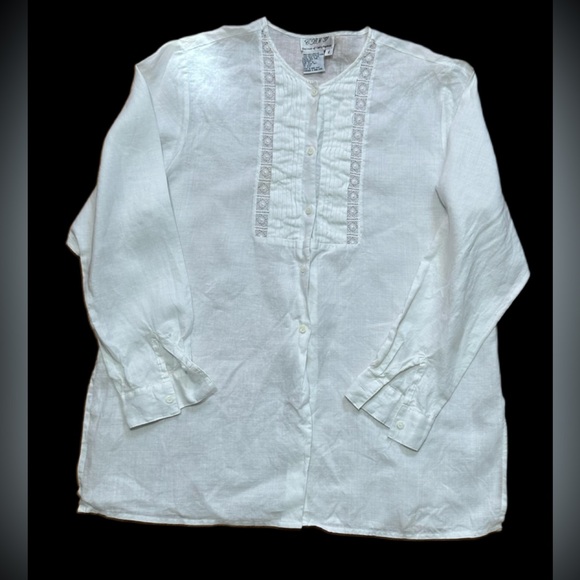 CBNY  White Linen Blouse Women’s 12 Button Front Embroidered Lace Vintage wb - Picture 3 of 6